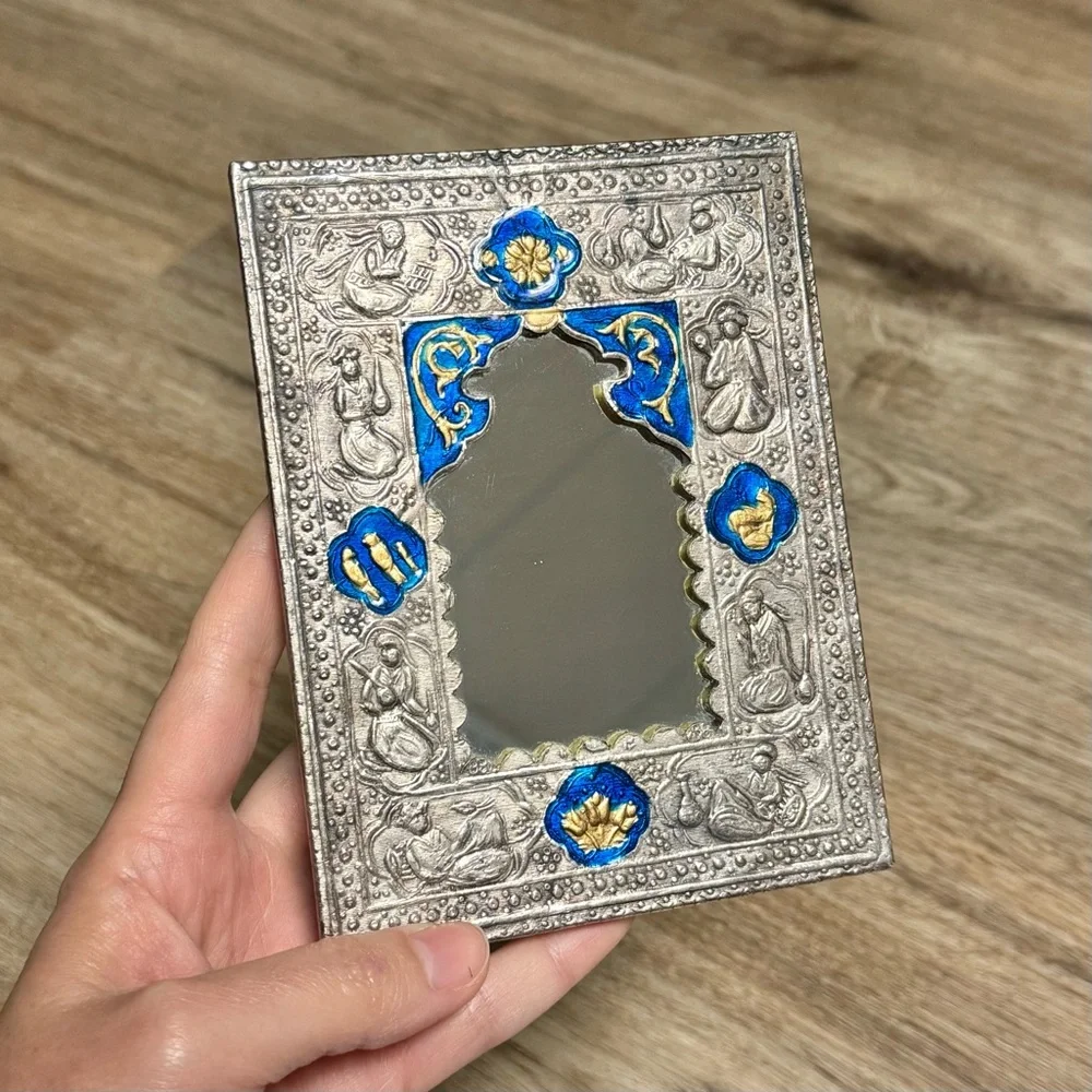Antique Vtg 19th Century Islamic Persian Qajar Silver Plated Blue Enamel Mirror